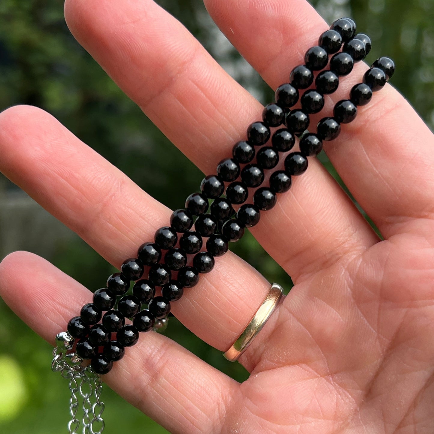 Schörl (schwarzer Turmalin) Fußkette / Armband, Kugel 4 mm / Länge 20 cm + 5 cm Edelstahlkette 12TF