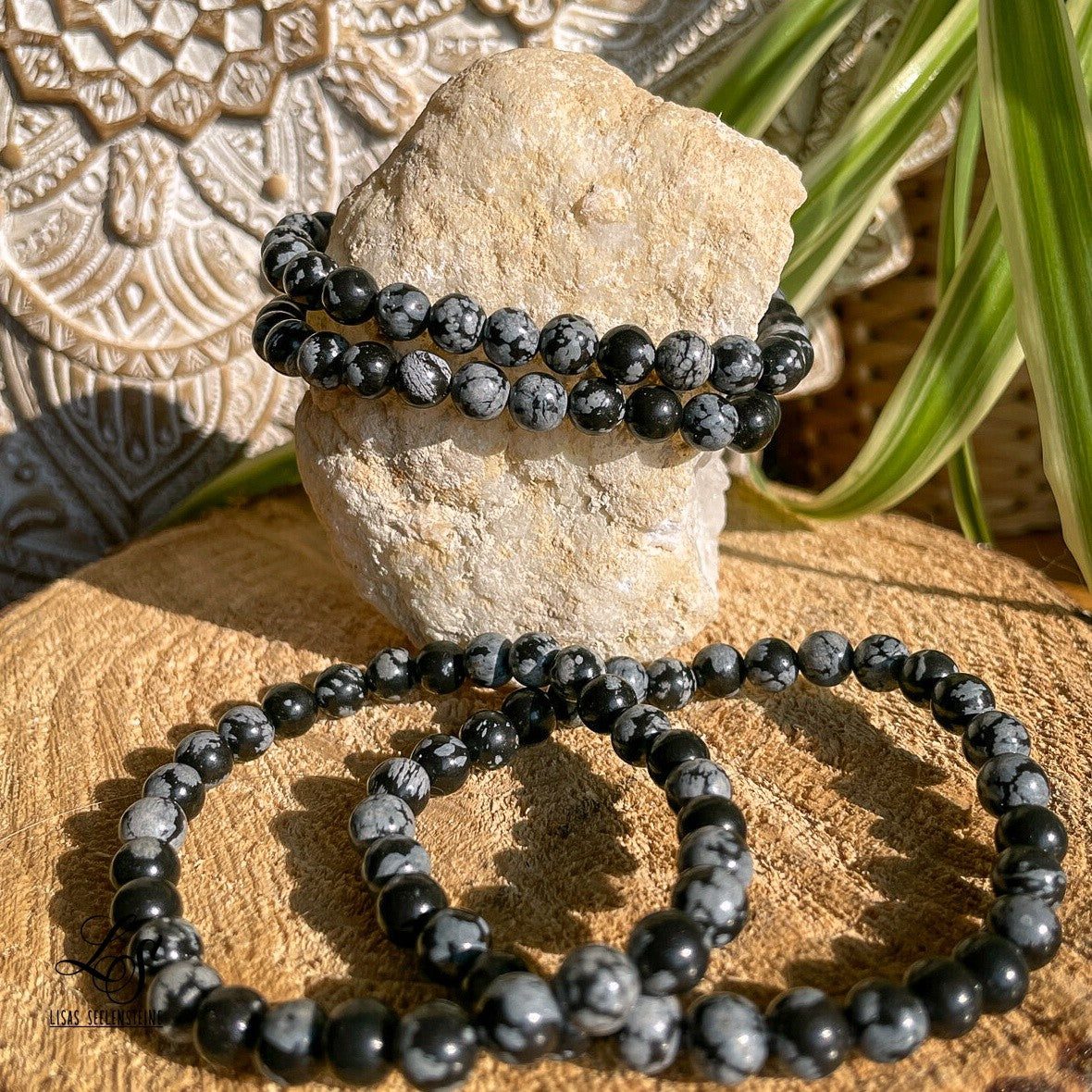 Schneeflocken Obsidian Kugel Armband 6mm